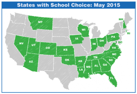 View of states that allow school choice as of May 2015. The map illustrates how trends in education are shifting every year.
